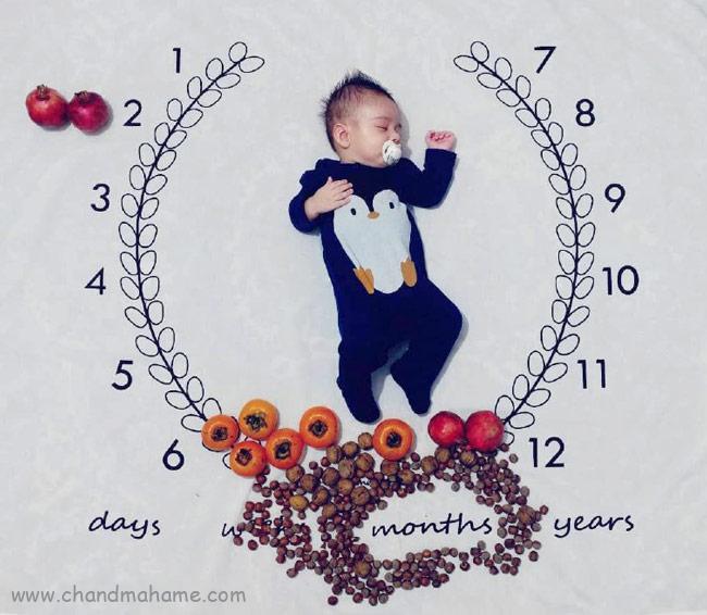 ایده عکس ماهگرد نوزاد با تم میوه ای و پاییز- چندماهمه 