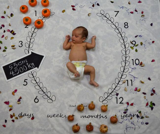 ایده عکس ماهگرد نوزاد با تم میوه ای و پاییز- چندماهمه 